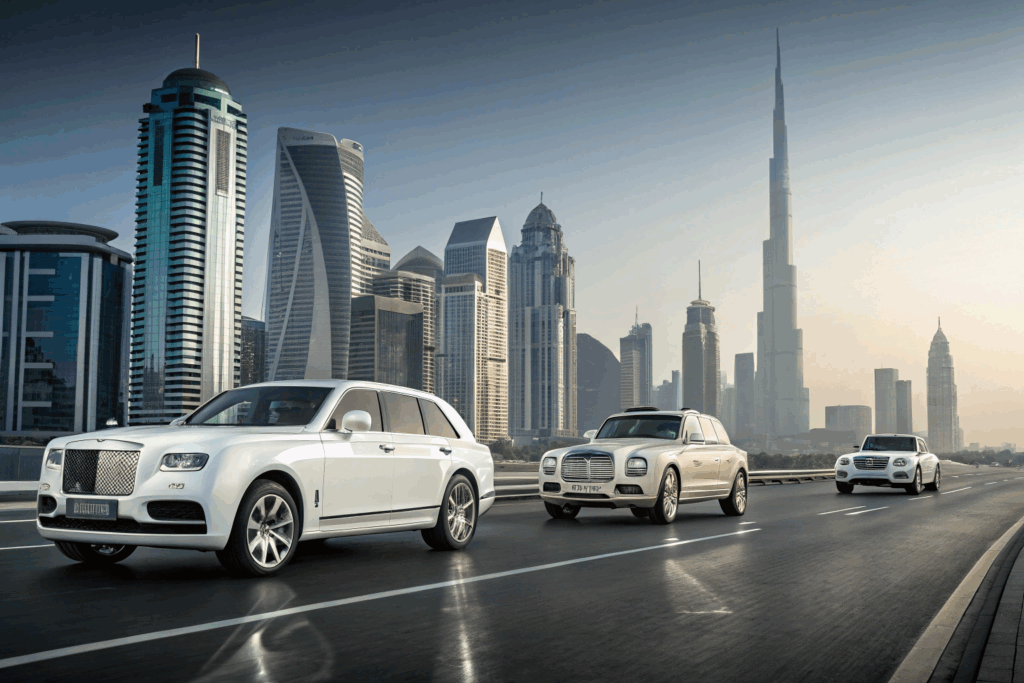 multiple luxury cars on the uae road with building